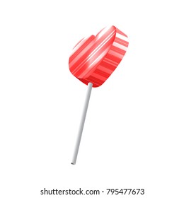 Vector Realistic Heart Lollipop with Stripes Isolated on White Background. Love Symbol. Valentine's Day Symbol. Vector Illustration of Red Sweet Candy on Stick.
