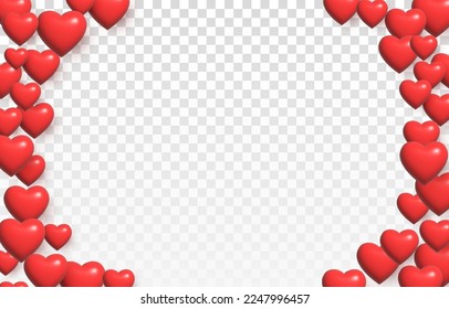 Vector realistic heart png. Frame from hearts. Volumetric red hearts png. Love banner with hearts. Hearts for Valentine's Day, March 8, Mother's Day.