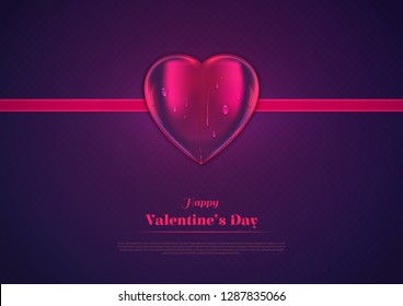 Vector realistic heart with ribbon on textured dark gradient background. There are cute drops on 3d heart. Sign for Valentine's Day, copy space, greeting card, banner.