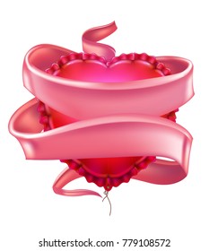Vector realistic heart shape air balloon, elegant pink silk satin ribbon with space for text around. Happy valentines day, symbol of love, care, togetherness. Isolated illustration, white background.