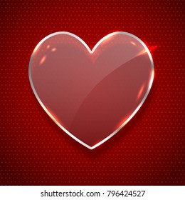 Vector realistic heart shaped glass banner isolated on dark red background. Concept of Happy Valentines day.