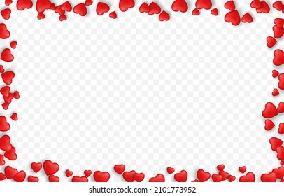 Vector Realistic Hearts Png. Frame Of Red Hearts On An Isolated Transparent Background. Frame For Design. Holiday, Valentine's Day, PNG.