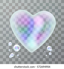 Vector realistic heart-shaped soap bubble on the transparent background. Concept of Happy Valentine's Day.