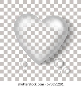 Vector realistic heart-shaped water drop on the transparent background. Concept of Happy Valentine's Day.