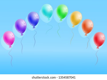 Vector realistic helium colorfull rainbow balloons on blue background. Perfect for greeting card, invitation, offer, poster. Free space for the text. Three-dimensional illustration. Eps 10.