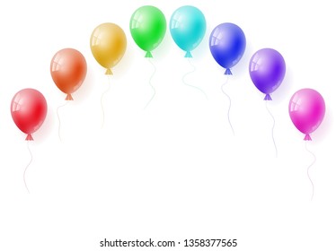 Vector realistic helium colorfull rainbow balloons. Perfect for ad, sale, flyer, greeting card, invitation, poster, offer, poster. Free space for the text. Three-dimensional illustration. Eps 10.