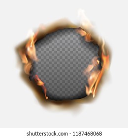 Vector Realistic Hole Burnt In Paper With Brown Edges And Flames On Transparent Background