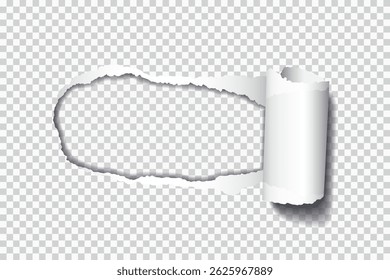 Vector realistic hole torn in paper with rolled edge and shadows on transparent background