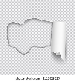 Vector realistic hole torn in white paper with rolled edge and transparent background