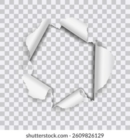 Vector realistic hole torn in white paper isolated on transparent background
