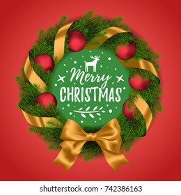 Vector realistic holiday Christmas and New Year wreath with Christmas balls and bow on red background.