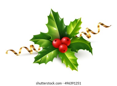 Vector realistic holly Christmas ornament. Holly green leaves and red berries with golden serpentine ribbon isolated on white background. 