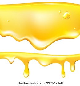 Vector realistic honey drips set, sweet yellow bright background