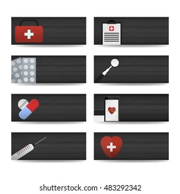 Vector realistic horizontal banners of medicine. Business mockup identity template. Concept of medical equipment, doctor profession, treatment, healthcare and clinic.