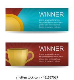 Vector realistic horizontal banners of winner for website. Business concept of winning, achievement, victory and success. Illustration of realistic award medal and golden cup.