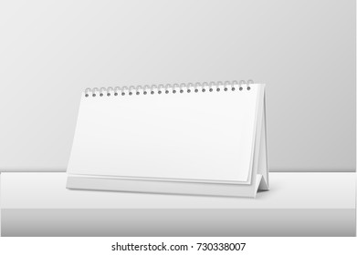 Vector realistic horizontal blank spiral calendar closeup standing on white table. Design template, mockup. Stock vector illustration, eps10