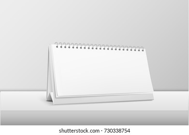 Vector realistic horizontal blank spiral calendar closeup standing on white table. Design template, mockup. Stock vector illustration, eps10