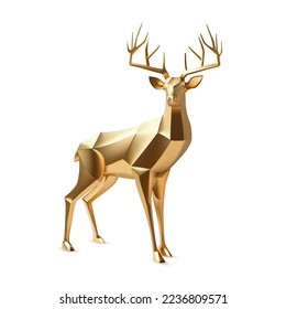 Vector realistic horned deer made of golden polygons. Polygonal reindeer, 3d render. Digital art. Golden reindeer for christmas design.