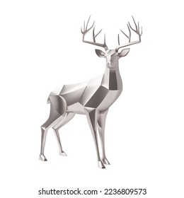 Vector realistic horned deer made of silver polygons. Polygonal reindeer, 3d render. Digital art. Platinum reindeer for christmas design.