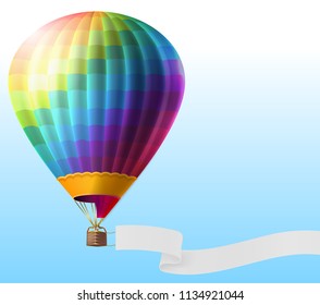 Vector realistic hot air balloon with rainbow stripes, flying on blue sky with blank ribbon for message. Colorful aerostat with basket for romantic travels. Template for poster, advertising banner