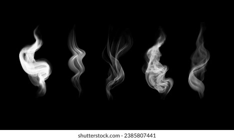 Vector realistic hot food and drink steam. Set of white wavy smoke ob black backdrop 