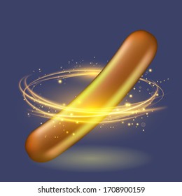 Vector Realistic Hot Grill Sausage and Glowing Circle Isolated on Blue Background. Street Fast Food.