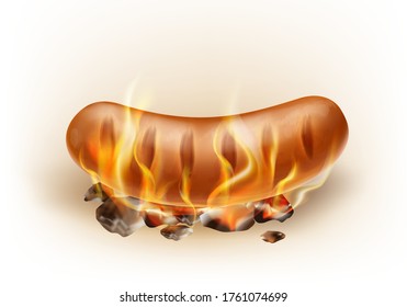 Vector realistic hot grilled sausage roasted on coals and fire, isolated on the white background. Burning classic bratwursts in flame. Picnic barbeque meal, fired street fast food. Traditional bbq.