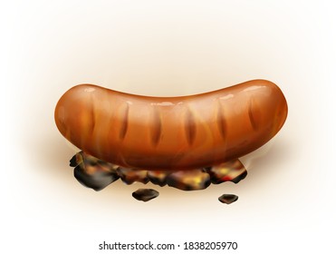 Vector realistic hot juicy grilled sausage roasted on coals, isolated on white background. Pork or beef bratwurst cooked on smoldering charcoal. Picnic barbeque meal, street fast food. Traditional bbq