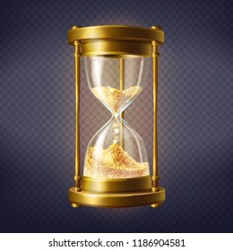 Vector realistic hourglass, antique clock with golden sand inside, isolated on transparent background. Sandglass is device used to measure hours and minutes. Time is gold, concept illustration
