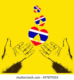Vector of realistic human hand hold thailand flag color heart shape and little heart shape upside down inside on yellow color background
