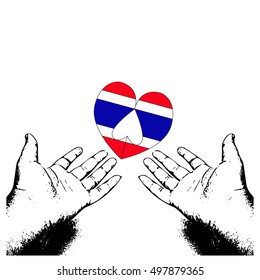 Vector of realistic human hand hold thailand flag color heart shape and little heart shape upside down inside on white color background