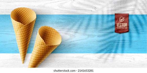 Vector realistic ice cream cone. Green tropical leaf shadow on white wood.