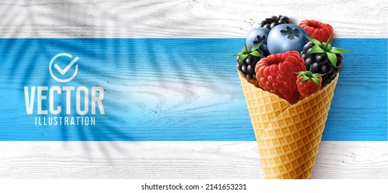 Vector realistic ice cream and fruits. Green tropical leaf shadow on white wood.