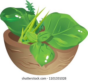 Vector realistic icon with fresh herbal food in brown wooden bowl. Traditional ingredients - Thyme, basil, oregano. Glowing realistic leafs. Perfect detailed cartoon illustration for games.