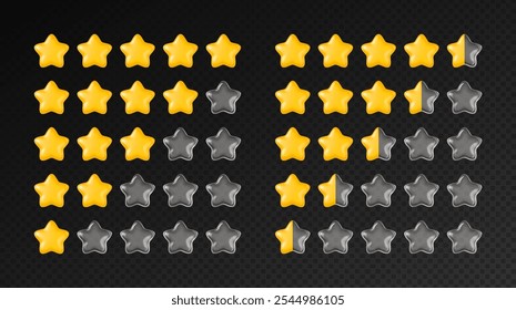 Vector realistic icons set with yellow and transparent glass stars for ratings from 0.5 to 5, with yellow and glass half-stars. Great for product ratings, reviews, and feedback in apps, web, or games.