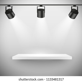 Vector realistic illuminated empty shelf - product display, exhibition template