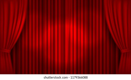 Vector realistic illuminated stage with open red velvet curtains