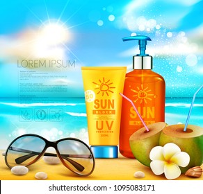 Botellas vectoriales realistas.3d con productos cosméticos para protección solar. Crema de manicomio en la playa sobre el fondo del océano. Plantilla, para revista o anuncio, folleto, volante