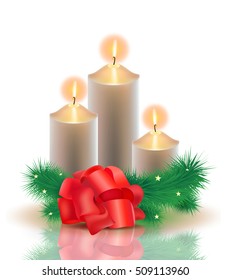 Vector realistic illustration. 3 burning golden Christmas candles with christmas tree and red bow tie on white background isolated