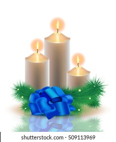 Vector realistic illustration. 3 burning golden Christmas candles with christmas tree and blue bow tie on white background isolated
