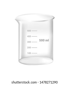 Vector realistic illustration of 3d chemical empty beaker without liquid with 500 ml volume and with scale. Laboratory glassware isolated on a white background.