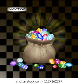 Vector realistic illustration in 3D gems in canvas pouch - rubies, diamonds, emeralds and sapphires scattered