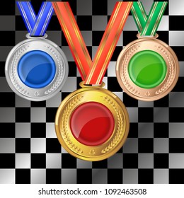 Vector realistic illustration of 3D medals lacquered inserts of red, blue, green, blank, with multi-colored ribbons with gold border, templates for text, gold, silver and bronze to award the winner.