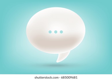 Vector realistic illustration of 3d one white dialog speech bubble with three dots, shadow on blue background. Design of online chatting technology for web. Mobile communication technology concept. 