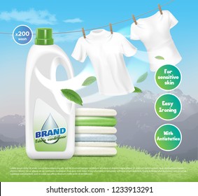 Vector realistic illustration of advertising loundry detergent, pile of fresh white clothes, dried and folded. Shirts are dried on a rope. Product packaging design on mountain background