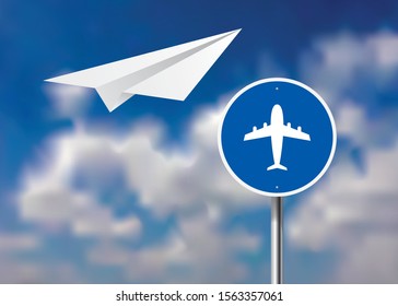 vector realistic illustration of the airport traffic sign and paper plane on cloudy background