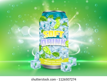 Vector realistic illustration of aluminium can with lemon soft drink label and ice cubes, bubbles around it. Lemon tonic aluminum can package mock up. Lemon soft drink poster, banner design template.