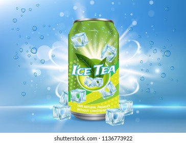 Vector Realistic Illustration Of Aluminium Can With Ice Tea Label And Ice Cubes, Bubbles Around It. Green Ice Tea Aluminum Can Package Mock Up. Ice Tea Drink Poster, Banner, Flyer Design Template.