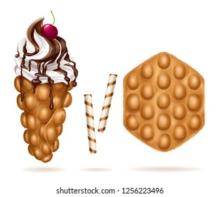 Vector realistic illustration of appetizing Hong Kong egg bubble waffles with ice-cream, decorated fresh cherry, poured chocolate. Belgian sweet dessert with cookies isolated on white background.