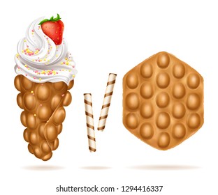 Vector realistic illustration of appetizing Hong Kong egg bubble waffles with ice-cream, decorated fresh strawberry. Belgian sweet dessert with tubules isolated on white background.
